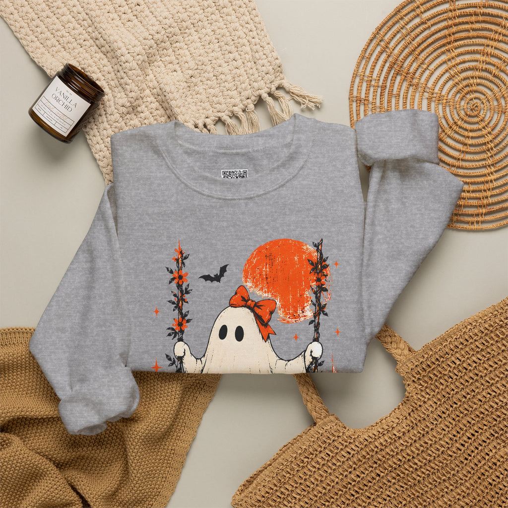 Retro Cute Ghost on Swing Sweatshirt | Vintage Coquette Halloween Graphic Crewneck | Cr8tive Designs