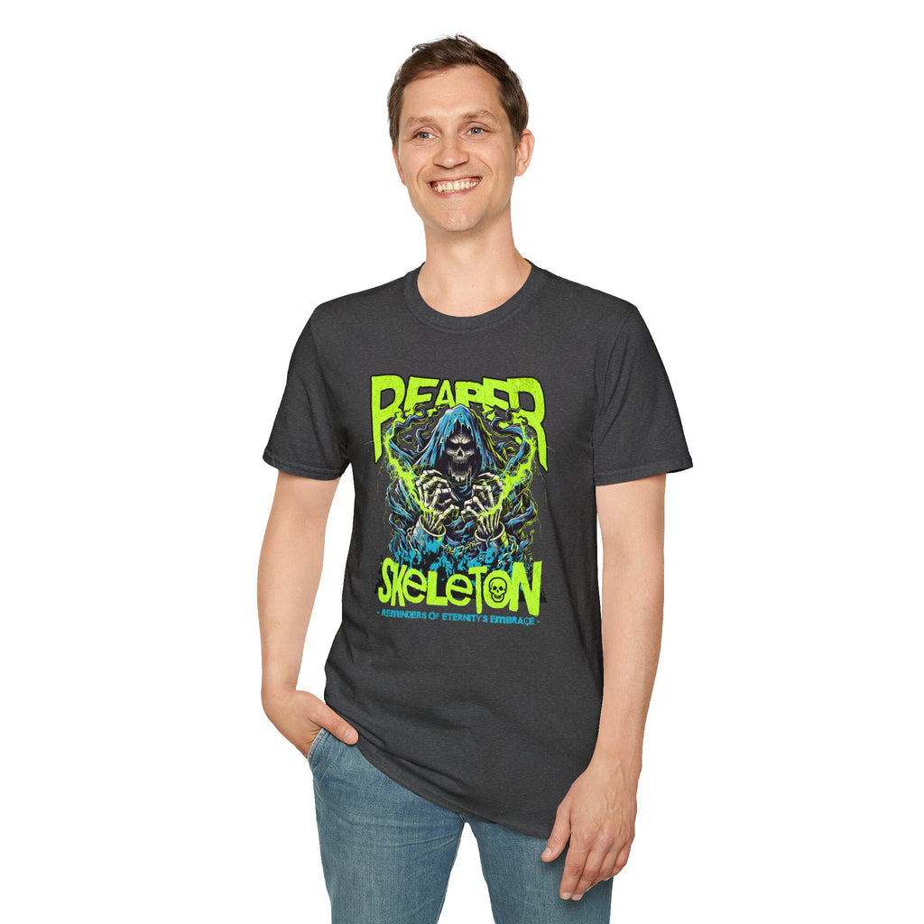 Reaper Skeleton Graphic Tee | Neon Skull Horror T-Shirt for Fans of Dark Streetwear | Cr8tive Designs