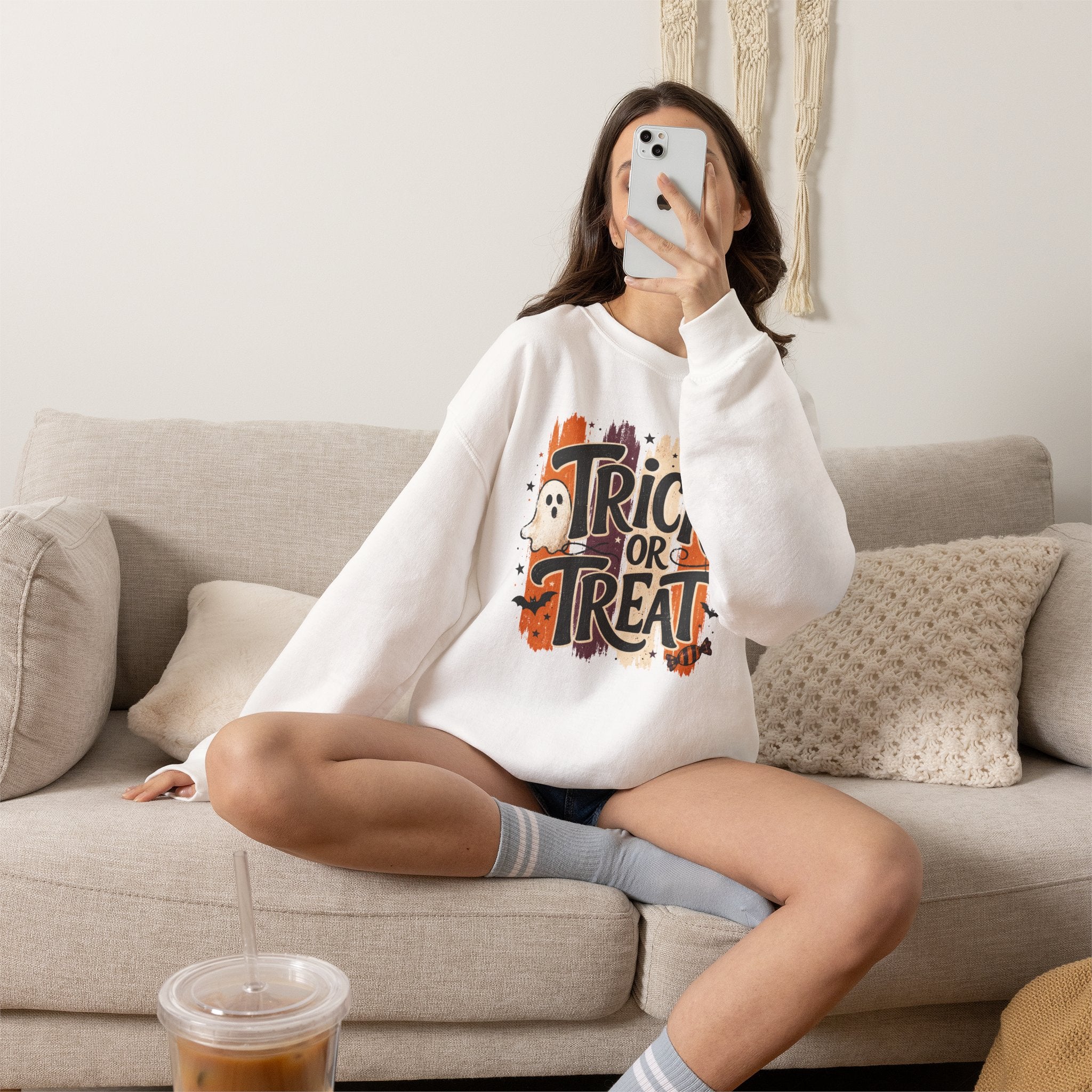 Trick or Treat Sweatshirt | Retro Halloween Ghost Graphic Crewneck | Cr8tive Designs
