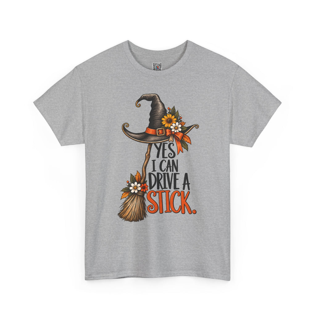 Yes I Can Drive A Stick T-Shirt | Funny Witch Broomstick Halloween Tee | Cr8tive Designs