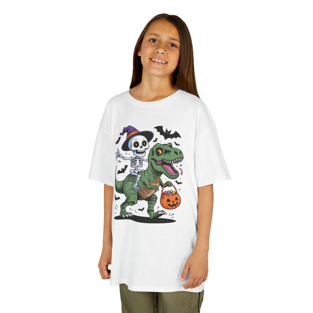 Skeleton Riding T-Rex Youth T-Shirt | Spooky Dino Halloween Kids Tee | Cr8tive Designs