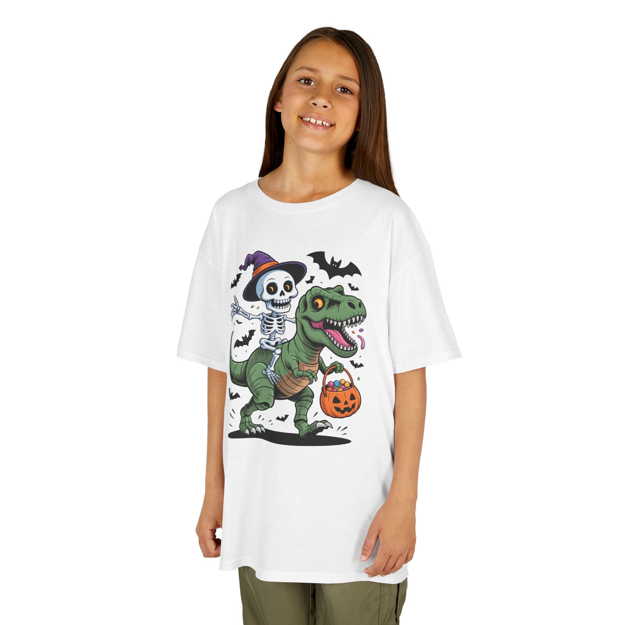 Skeleton Riding T-Rex Youth T-Shirt | Spooky Dino Halloween Kids Tee | Cr8tive Designs