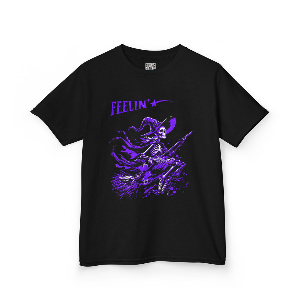 Kids Witch Broom Tee "Feelin'" | Purple Witch Flying Graphic T‑Shirt | Cr8tive Designs