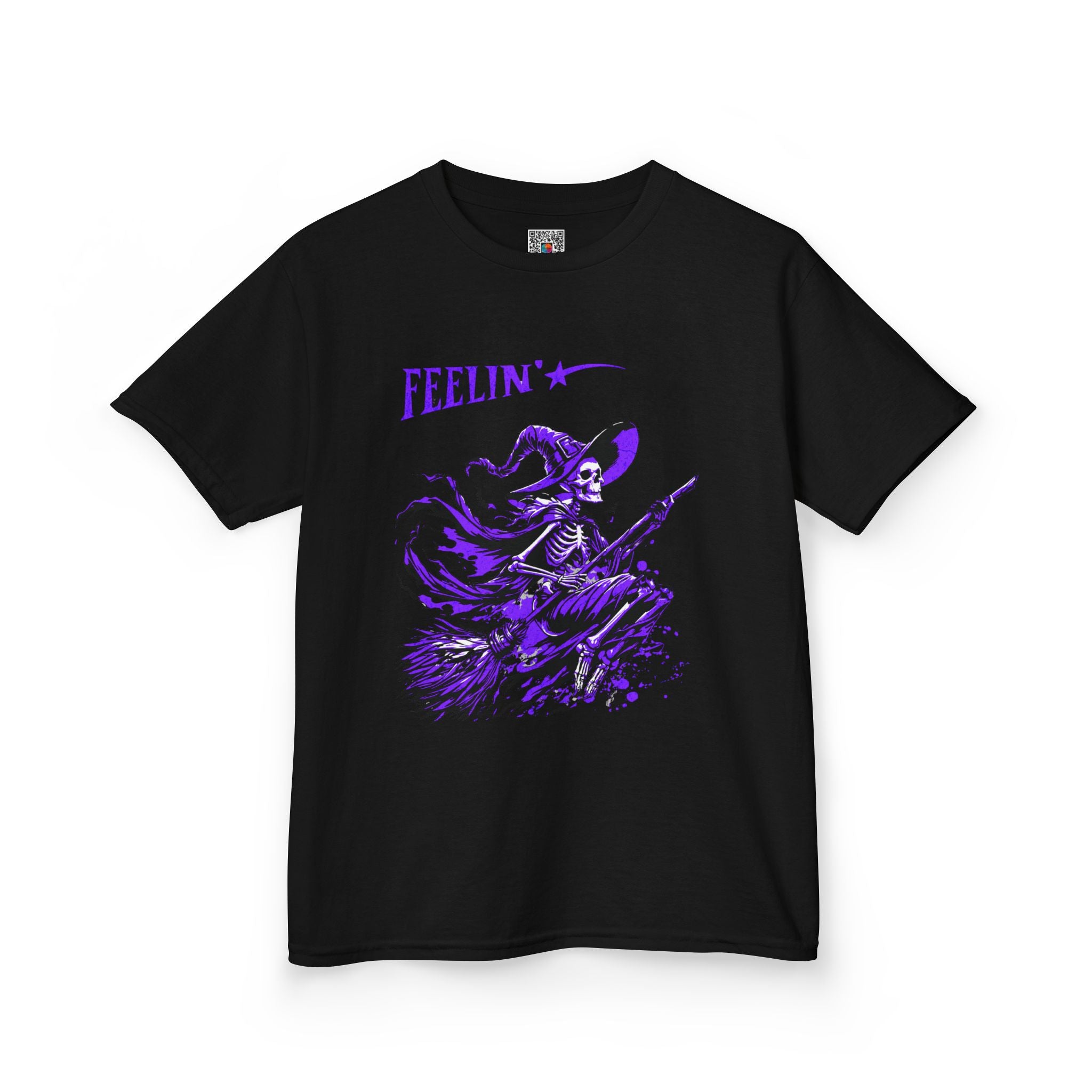 Kids Witch Broom Tee "Feelin'" | Purple Witch Flying Graphic T‑Shirt | Cr8tive Designs